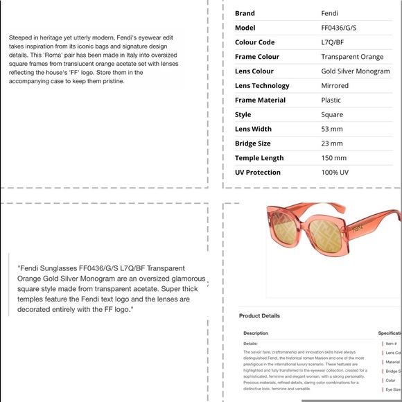 FENDI ,2025 ONE OF TOP SUNGLASS COLOR, ORANGE, THIS PAIR IS TRANSPARENT … - Picture 7 of 16